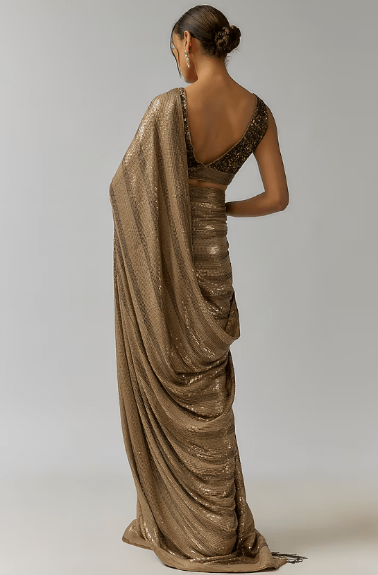 Mouse Chiffon Sequins Embroidered Saree Set - Image 2