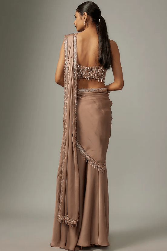 Champagne Gold Satin & Raw Silk Embroidered Fish-Cut Saree Set - Image 2