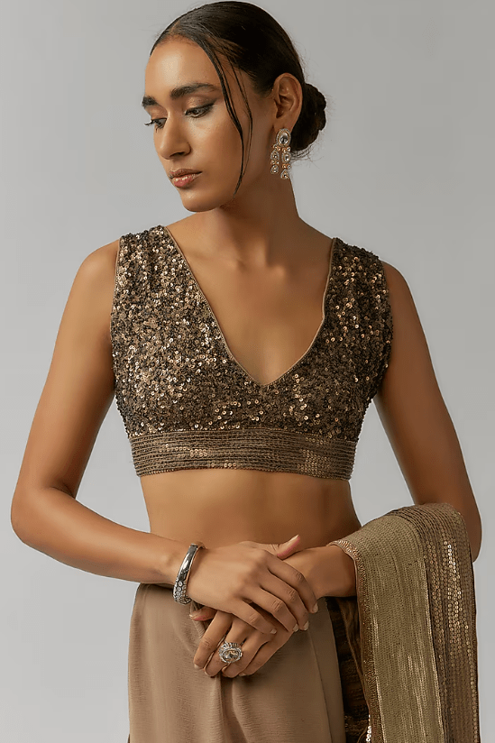 Mouse Chiffon Sequins Embroidered Saree Set - Image 3