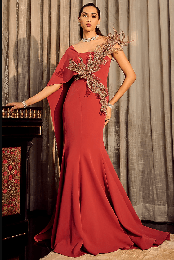 Rust Crepe One-Shoulder Draped Mermaid Gown