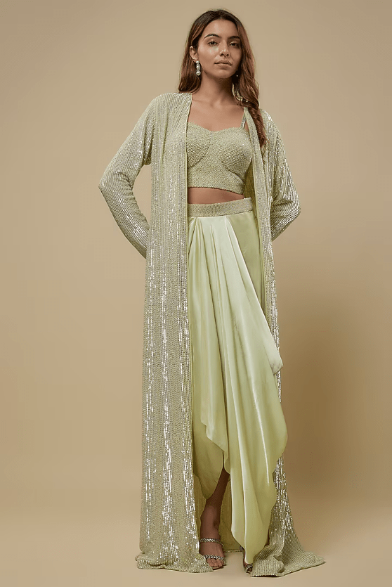 Mint Pure Satin Draped Skirt Set