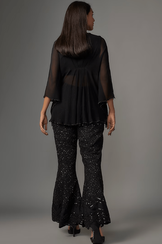 Black Chiffon Floral Motif Embroidered Kaftan Set - Image 2