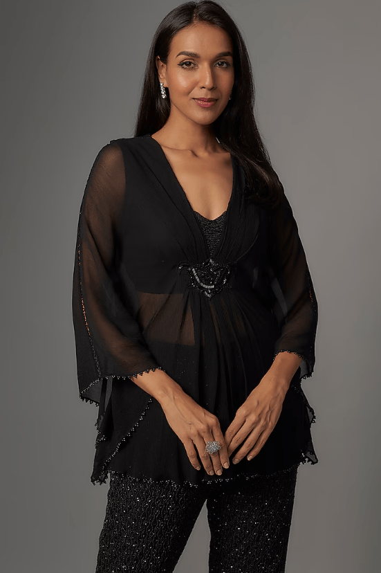 Black Chiffon Floral Motif Embroidered Kaftan Set - Image 4