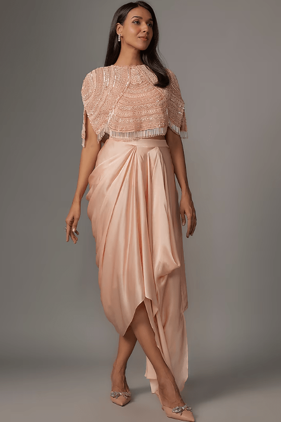 .Peach Organza & Satin Sequins Embroidered Cape Set