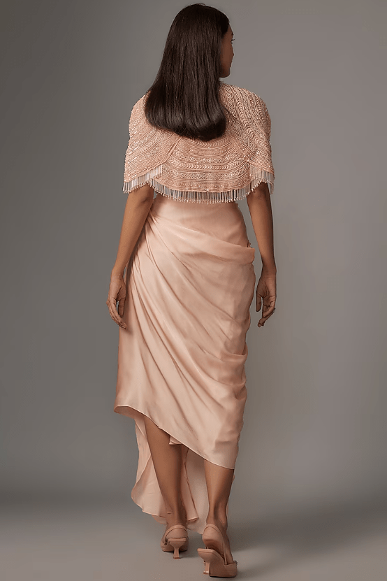.Peach Organza & Satin Sequins Embroidered Cape Set - Image 2