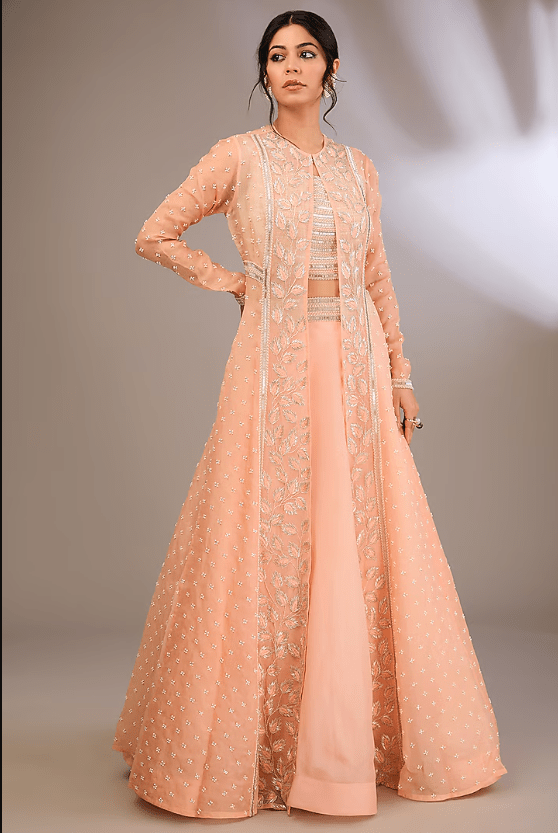 Peach Organza & Net Pearl Embroidered Jacket Set