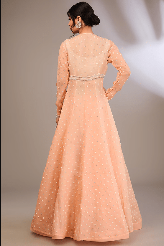 Peach Organza & Net Pearl Embroidered Jacket Set - Image 2