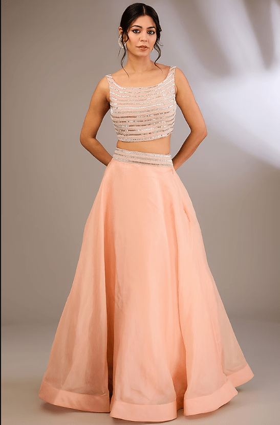 Peach Organza & Net Pearl Embroidered Jacket Set - Image 3