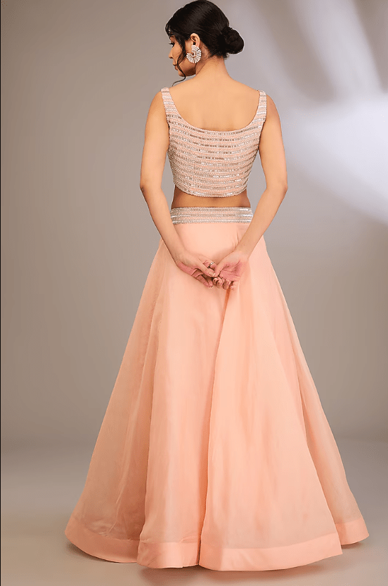 Peach Organza & Net Pearl Embroidered Jacket Set - Image 4
