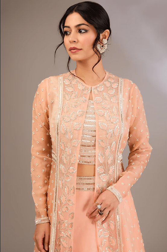 Peach Organza & Net Pearl Embroidered Jacket Set - Image 5