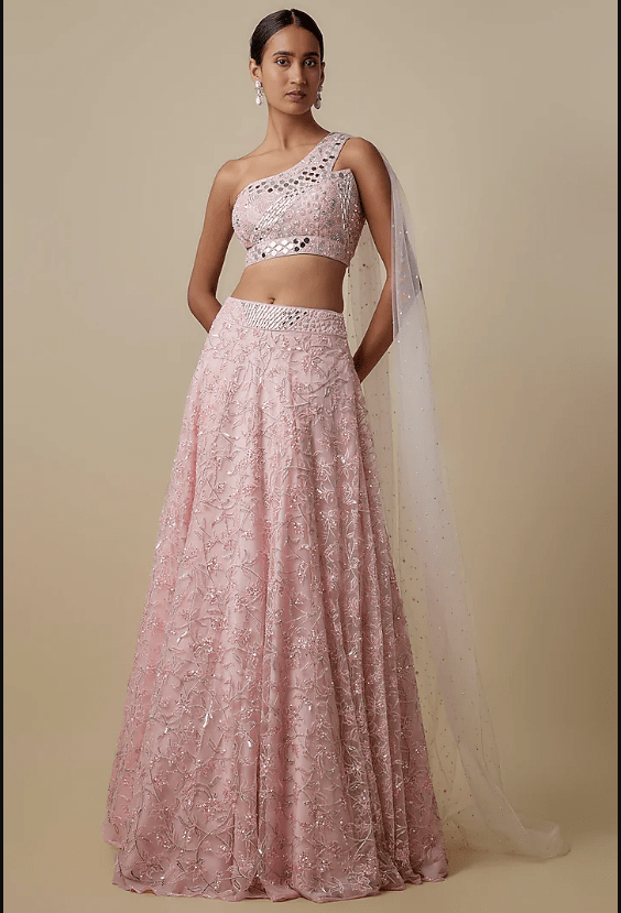 Baby Pink Satin Organza Embroidered Lehenga Set