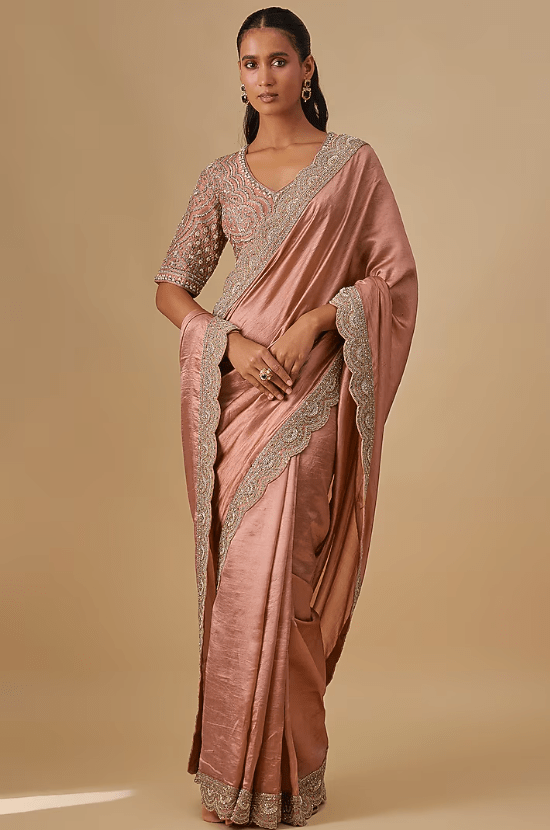 Peach Silk Zardosi Embroidered Saree Set