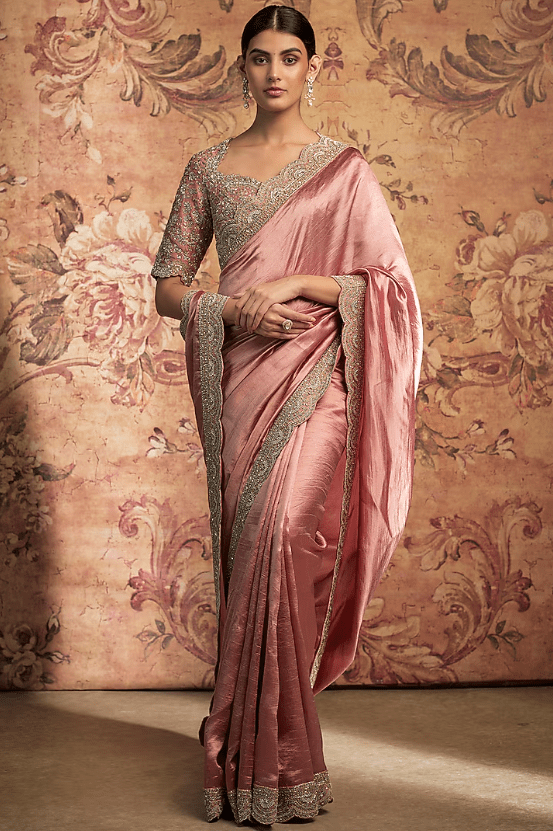 Peach Silk Zari Embroidered Saree Set