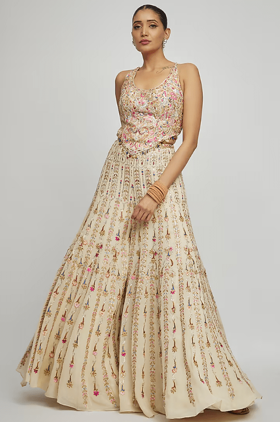 Ivory Georgette Gota & Resham Embroidered High-Waisted Sharara Set