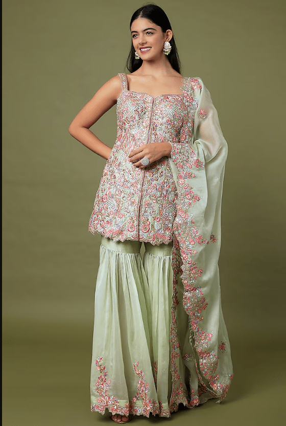 Green Raw Silk & Organza Floral Embroidered Gharara Set
