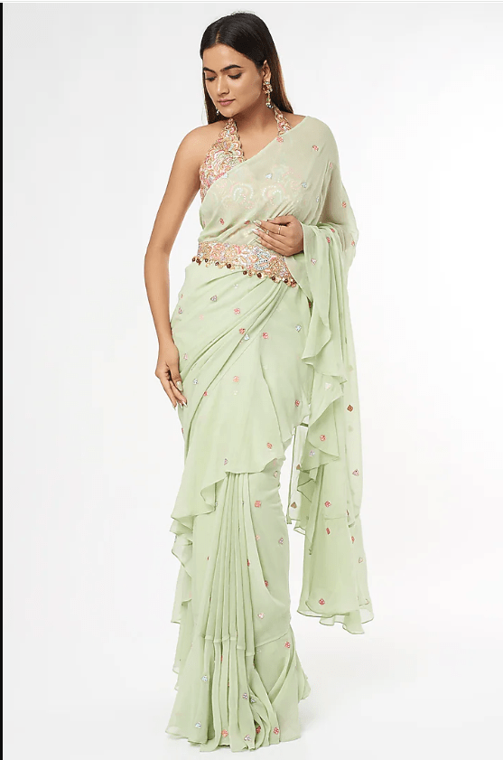 Mint Green Georgette Ruffled Saree Set