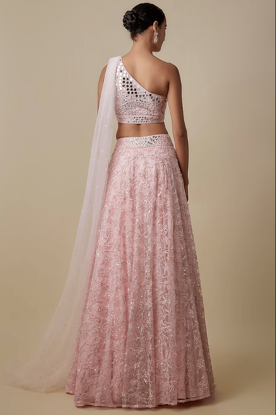 Baby Pink Satin Organza Embroidered Lehenga Set - Image 2