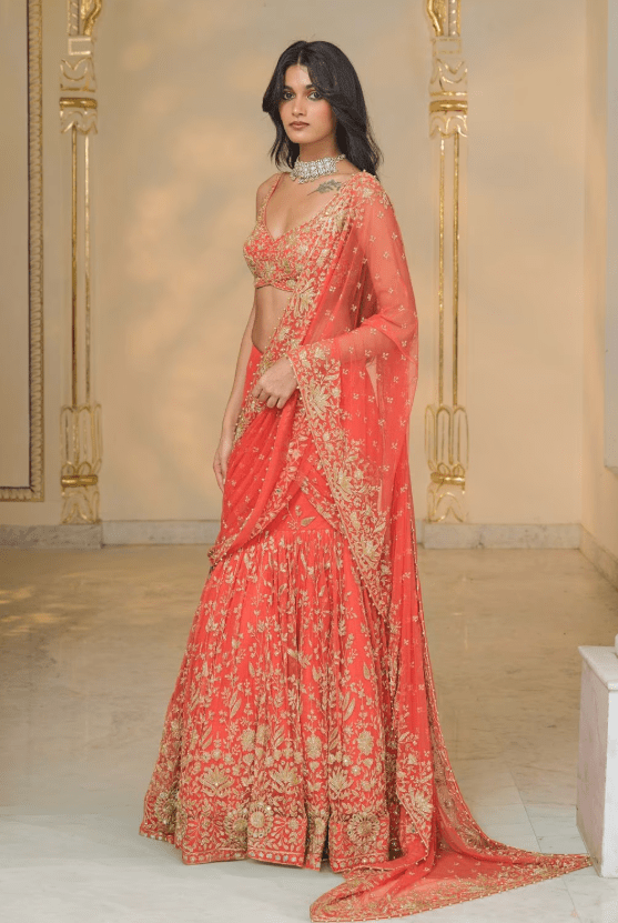 Coral-Gold Mirror-Cutdana Work Predrape Sari Set - Image 2