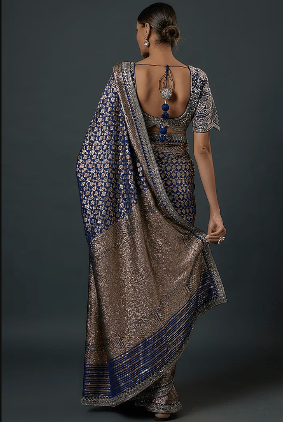 Blue Silk Embroidered Banarasi Saree Set - Image 2