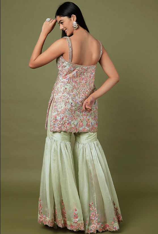 Green Raw Silk & Organza Floral Embroidered Gharara Set - Image 2