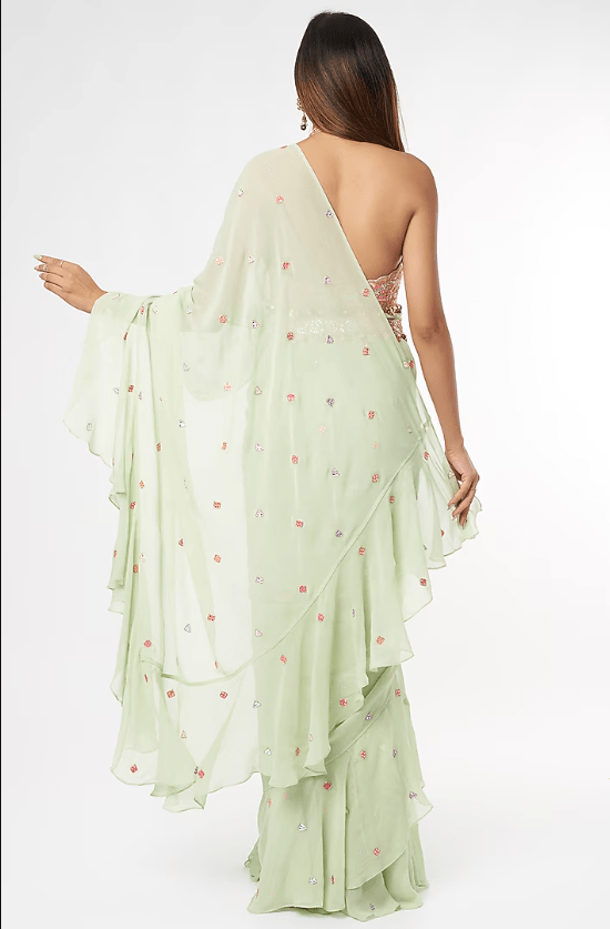 Mint Green Georgette Ruffled Saree Set - Image 2