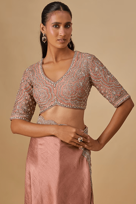 Peach Silk Zardosi Embroidered Saree Set - Image 3
