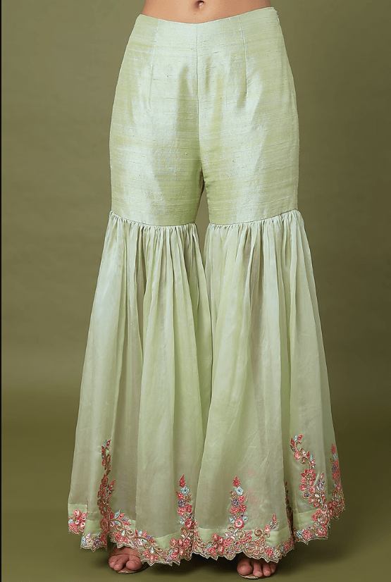Green Raw Silk & Organza Floral Embroidered Gharara Set - Image 3