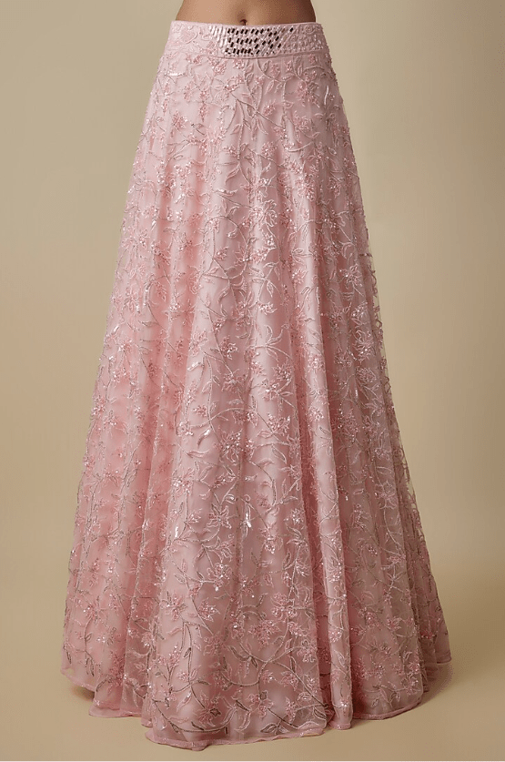 Baby Pink Satin Organza Embroidered Lehenga Set - Image 3