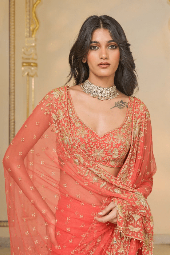 Coral-Gold Mirror-Cutdana Work Predrape Sari Set - Image 4