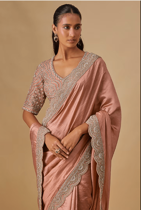 Peach Silk Zardosi Embroidered Saree Set - Image 4