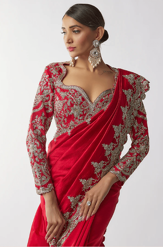 Red Silk Zari Embroidered Saree Set - Image 4