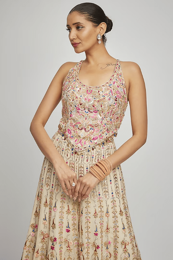 Ivory Georgette Gota & Resham Embroidered High-Waisted Sharara Set - Image 4