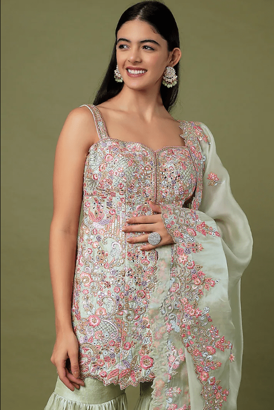 Green Raw Silk & Organza Floral Embroidered Gharara Set - Image 4