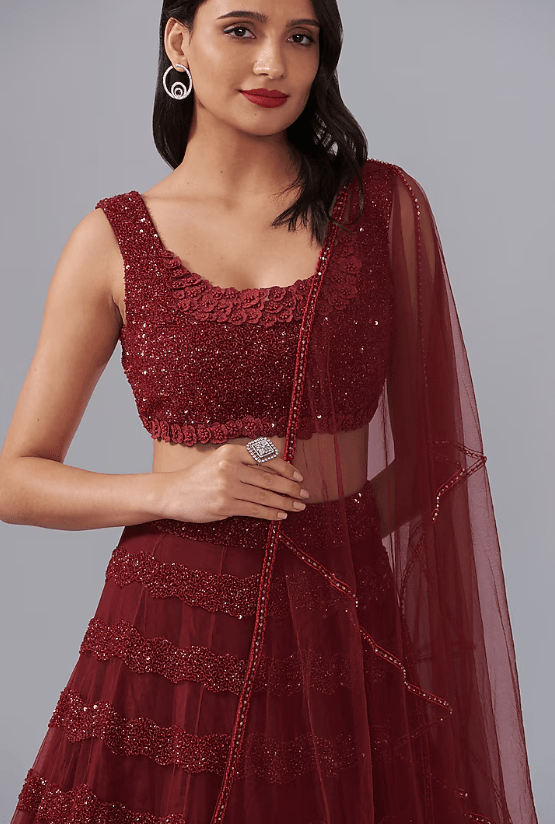 Red Tulle Hand Embroidered Lehenga Set - Image 4