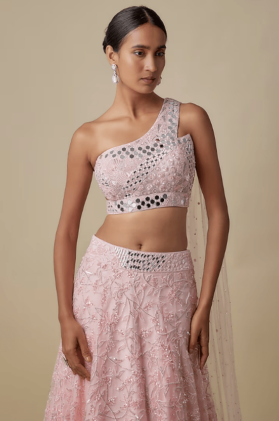 Baby Pink Satin Organza Embroidered Lehenga Set - Image 4