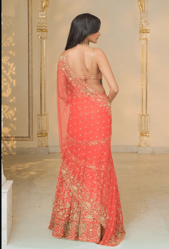 Coral-Gold Mirror-Cutdana Work Predrape Sari Set - Image 5