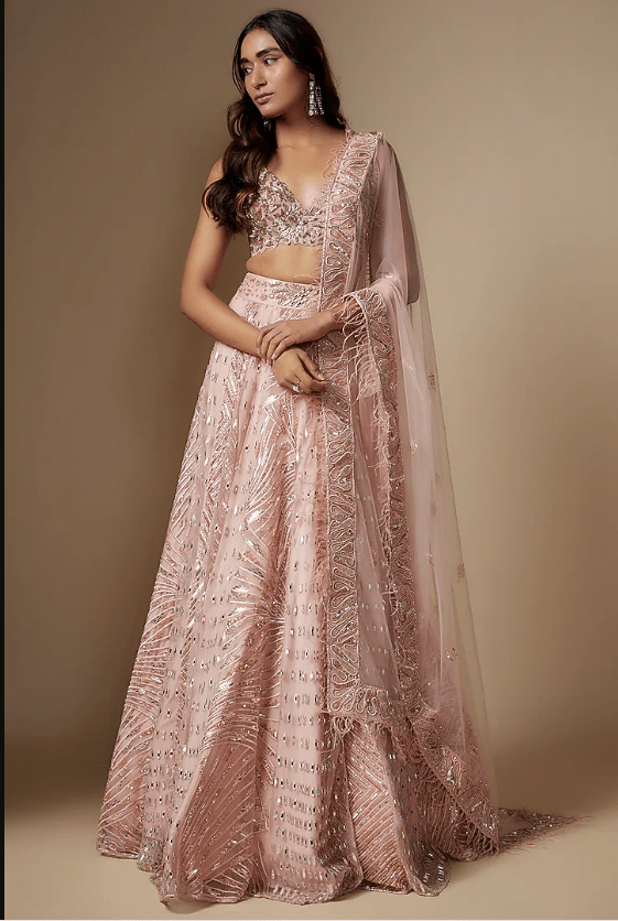 Rose Gold Tulle Hand Embroidered Lehenga Set