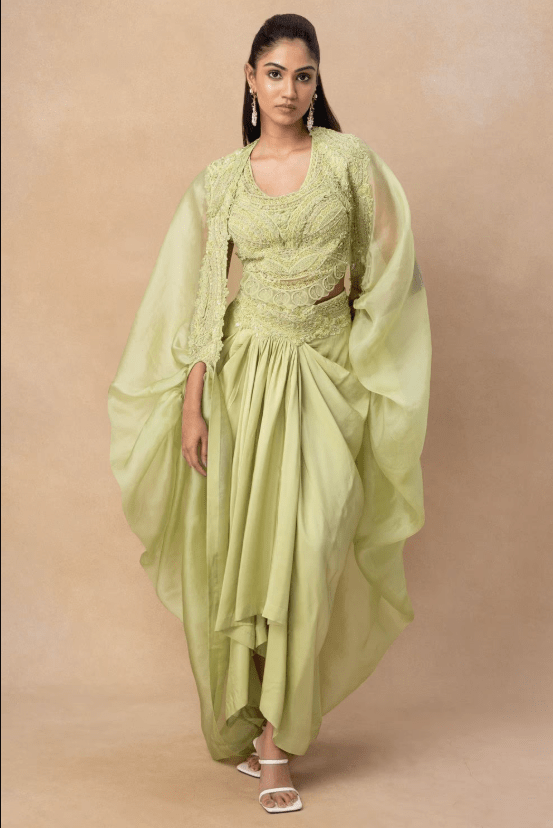 Green embellished cape set