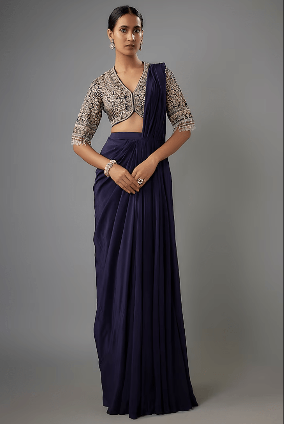 Purple Crepe Pre-Draped Saree Set