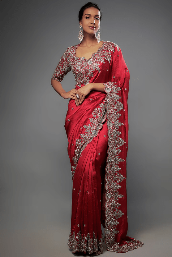 Red Silk Zari Embroidered Saree Set