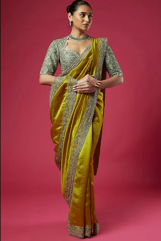 Mustard Silk Zardosi Embroidered Saree Set