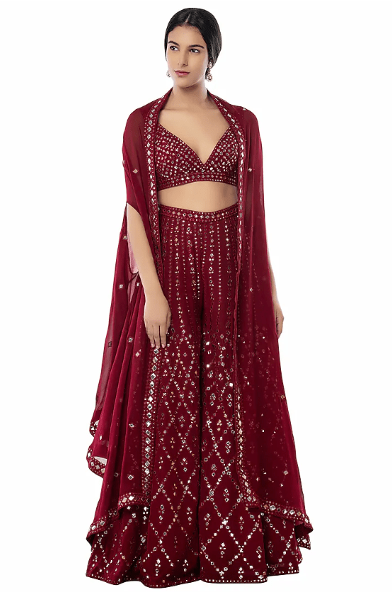 Maroon Embroidered Sharara Set With Cape