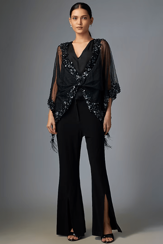 Black Net Sequins Embroidered Kaftan Top