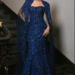 Navy Blue Tulle Embroidered Fish-Cut Skirt Set