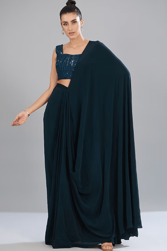 Blue Crepe Cowl Draped Saree Set