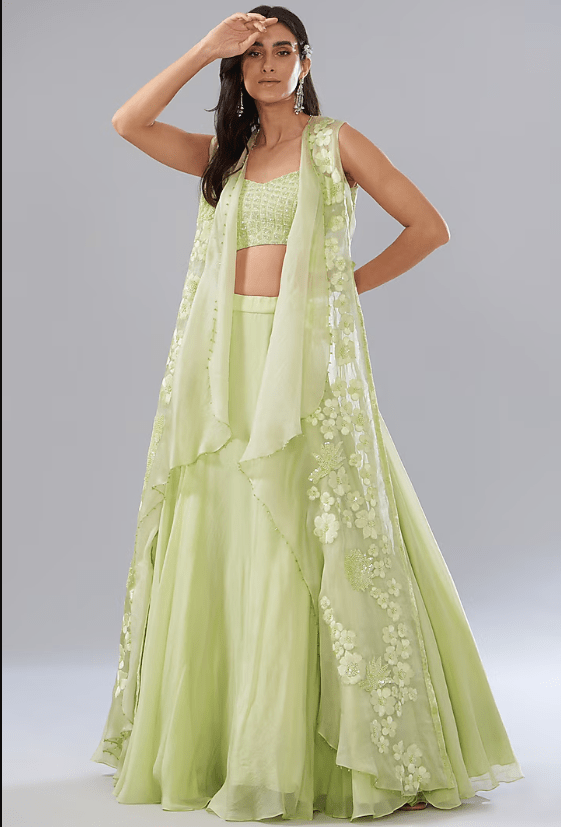 Green Chanderi & Organza Embroidered Jacket Set