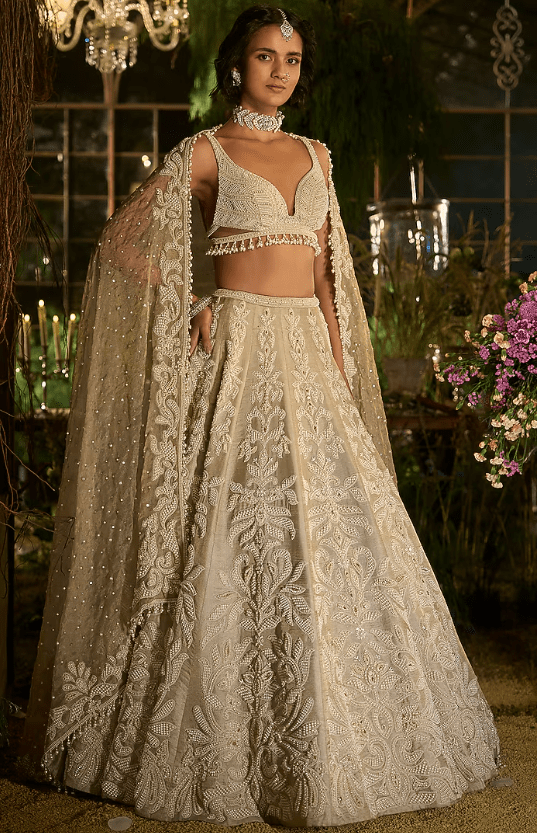 Champagne Tissue Silk Zardosi Embroidered Lehenga Set