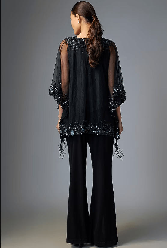 Black Net Sequins Embroidered Kaftan Top - Image 2