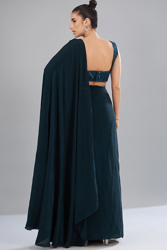 Blue Crepe Cowl Draped Saree Set - Image 2