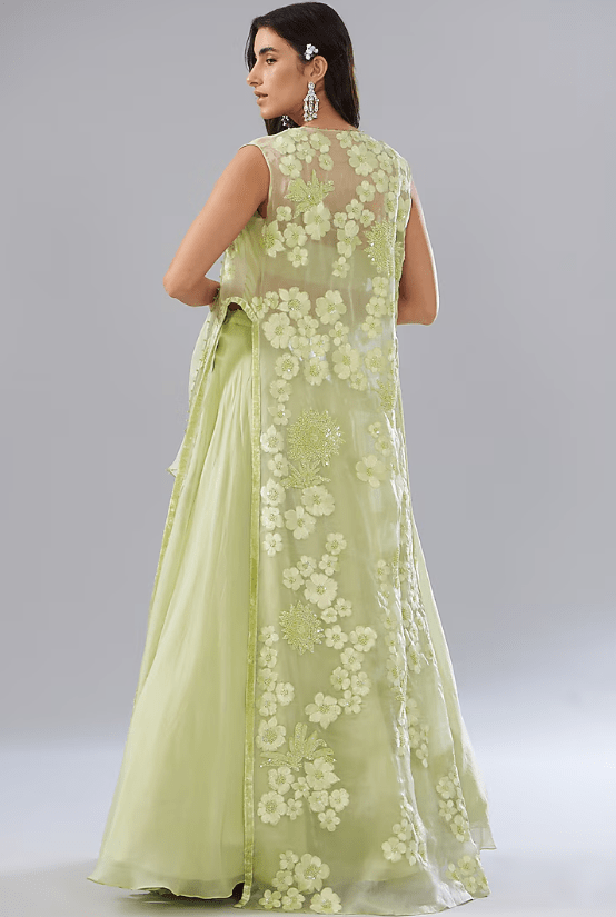 Green Chanderi & Organza Embroidered Jacket Set - Image 2